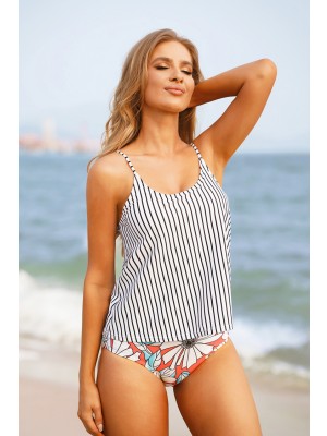 Black And White Striped Scoop Neck Blouson Adjustable Spaghetti Straps Tankini Set