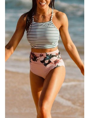 Stripe High Neck Switchback Cross Back High Waist Two Piece Bikini Set