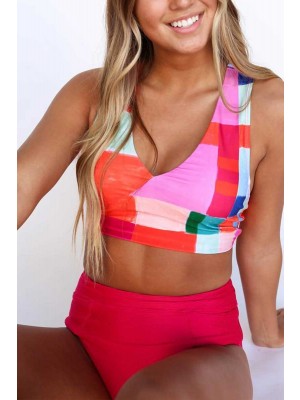 Active V Neck Cross Strap High Waist Two Piece Bikini Set
