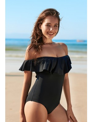 Black Off Shoulder Ruffle Onepiece Swimsuit