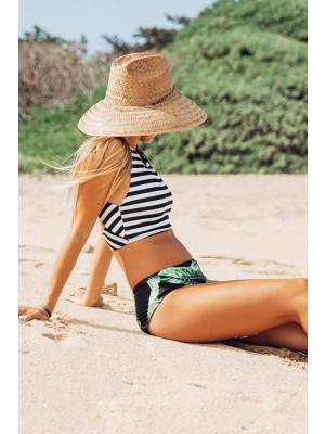 Active Black And White Striped High Neck Wide Straps High Waist Two Piece Bikini Set