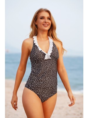 Polka Dot Print V Neck Ruffled Halter Tankini Set