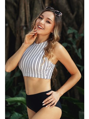 Active Black And White Stripe High Neck Cross Back High Waist Two Piece Bikini Set