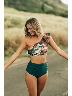 Floral Ruffle One Shoulder High Waisted Two Piece Bikini Set