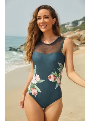 Black Floral Print Wide Straps High Neck Low Back One Piece Swimsuit