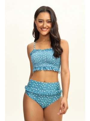 Blue Floral Ruffles Ruched Spaghetti Straps Adjustable Straps High Waist Bikini Set