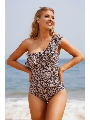 Leopard Print One Shoulder Ruffled Onepiece Swimsuit