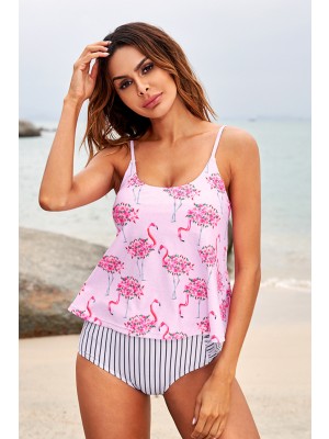 Pink Flamingo Print Scoop Neck Adjustable Straps tankini Set