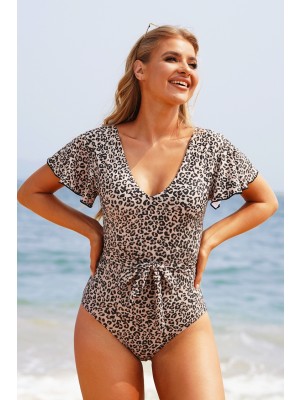 Leopard Print V Neck Ruffles Low Back Onepiece Swimsuit
