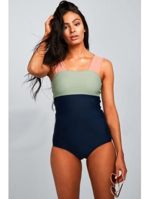 Square Neck Colorblock One Piece Swimsuit
