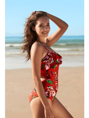Red Floral Scoop Neck Ruffle Cross Back Onepiece Swimsuit
