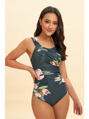Floral Print Scoop Neck Wide Strap Onepiece Swimsuit