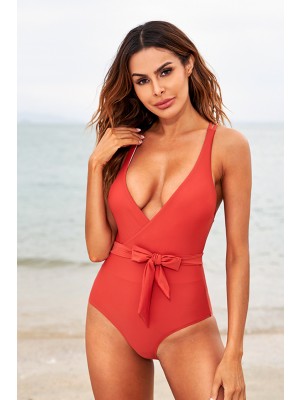 Orange V Neck Knot Front Criss-crossing Straps Low Back Onepiece Swimsuit