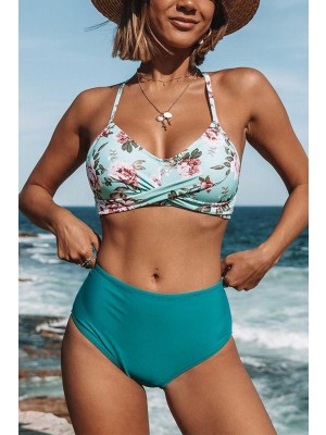 Green Floral Scoop Neck Twist Front Spaghetti Straps High Waist Two Piece Bikini Set
