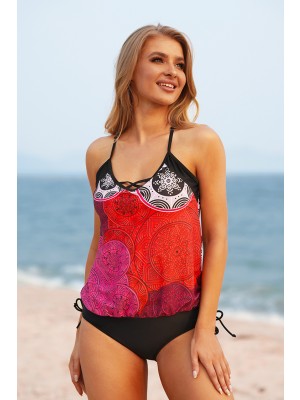 Floral Cross Back Adjustable Spaghetti Straps Drawstring Side Tankini Set