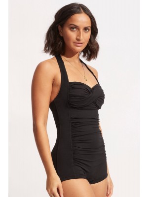 Ruched Panel Boyleg Legline Black One Piece