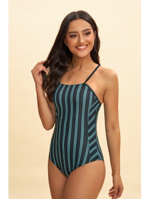 Deep Blue Striped Squre Neck Criss Cross Back Onepiece Swimsuit