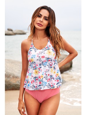 Floral Scoop Neck Cross Back Adjustable Straps Tankini Set