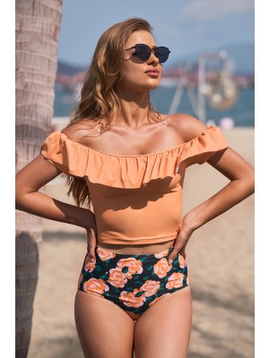 Yellow Off Shoulder Ruffled Tankini Set