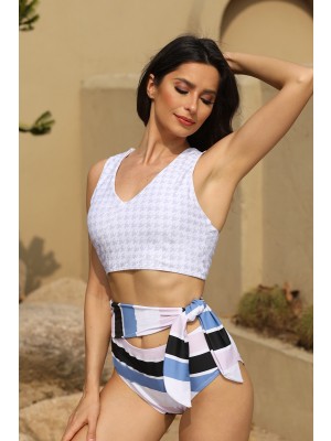 Active Gray Houndstooth V Neck Side-ties Striped Criss-cross High Waist Two Piece Bikini Set
