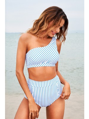 Light Blue Stripe One Shoulder High Waist Two Piece Bikini Set
