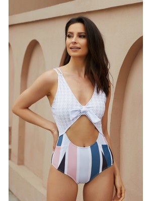 Gingham Striped V Neck Tie Front Adjustable Double Spaghetti Straps Onepiece Swimsuit