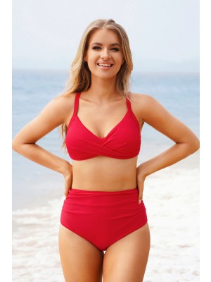 Red V Neck Adjustable Straps Cross Back High Waist Two Piece Bikini Set