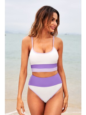 Active Purple Scoop Neck Adjustable Spaghetti Straps High Waist Two Piece Bikini Set