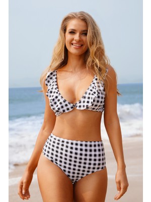 Black Gingham Print V Neck Ruffle High Waist Two Piece Bikini Set