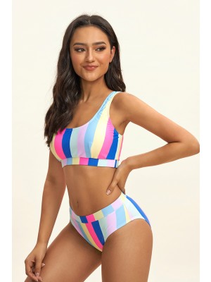 Rainbow Strip Scoop Neck Bikini Set