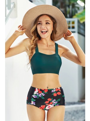 Green Floral Squre Neck Wide Straps High Waist Two Piece Bikini Set