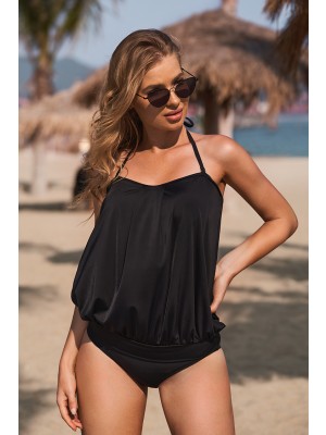 Black Halter Adjustable Spaghetti Straps Close-fitting Waistband Tankini Set