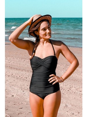 Black Bandeau Adjustable Straps Onepiece Swimsuit