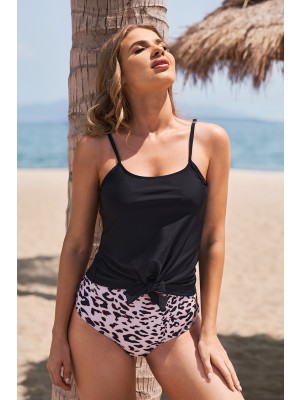 Black Scoop Neck Tie Front Blouson Adjustable Straps Tankini Set