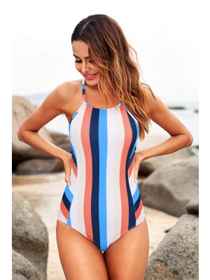 Colorful Spaghetti Straps Halter Crisscross Lace Up One Piece Swimsuit