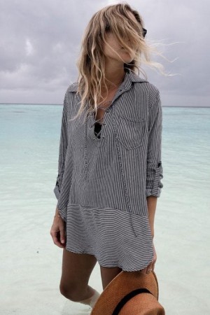 Leisure Lace Up Striped Printed Cover Up
