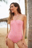 Red Halter Neck Plaid Spaghetti Strap One Piece Swimsuit